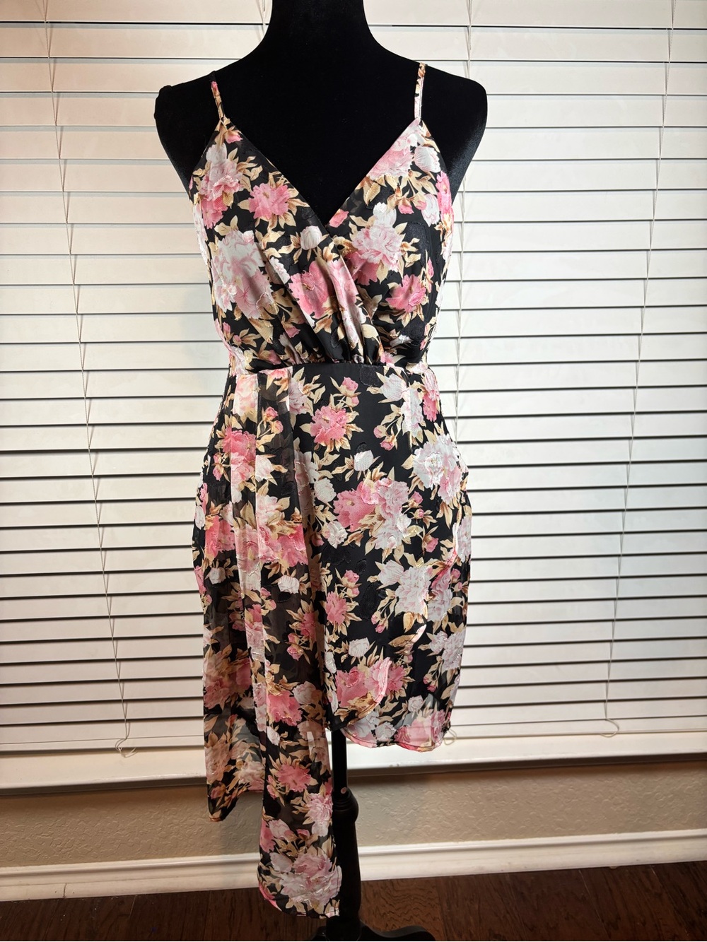 Lulus Black Floral Spaghetti Strap Wrap Dress with Pink & Cream Blooms